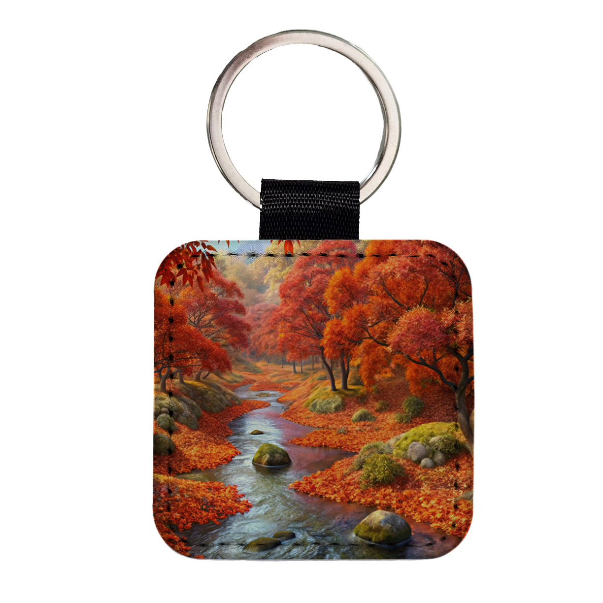 Stream and Trees in Fall Autumn Square Faux Leather Keychain