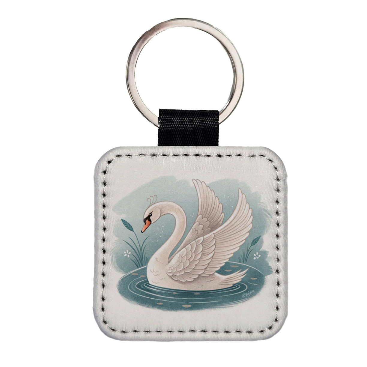 Swan Children's Illustration Style Square Faux Leather Keychain