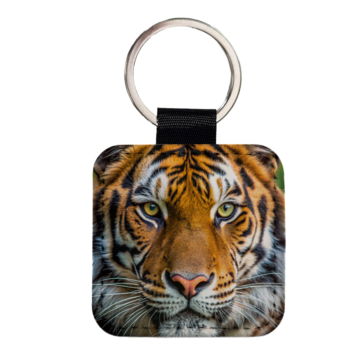 Tiger Face Square Faux Leather Keychain