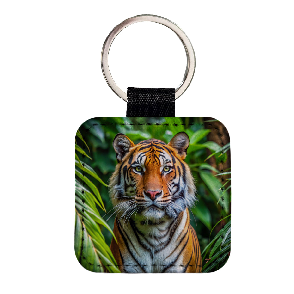 Tiger In The Jungle Square Faux Leather Keychain