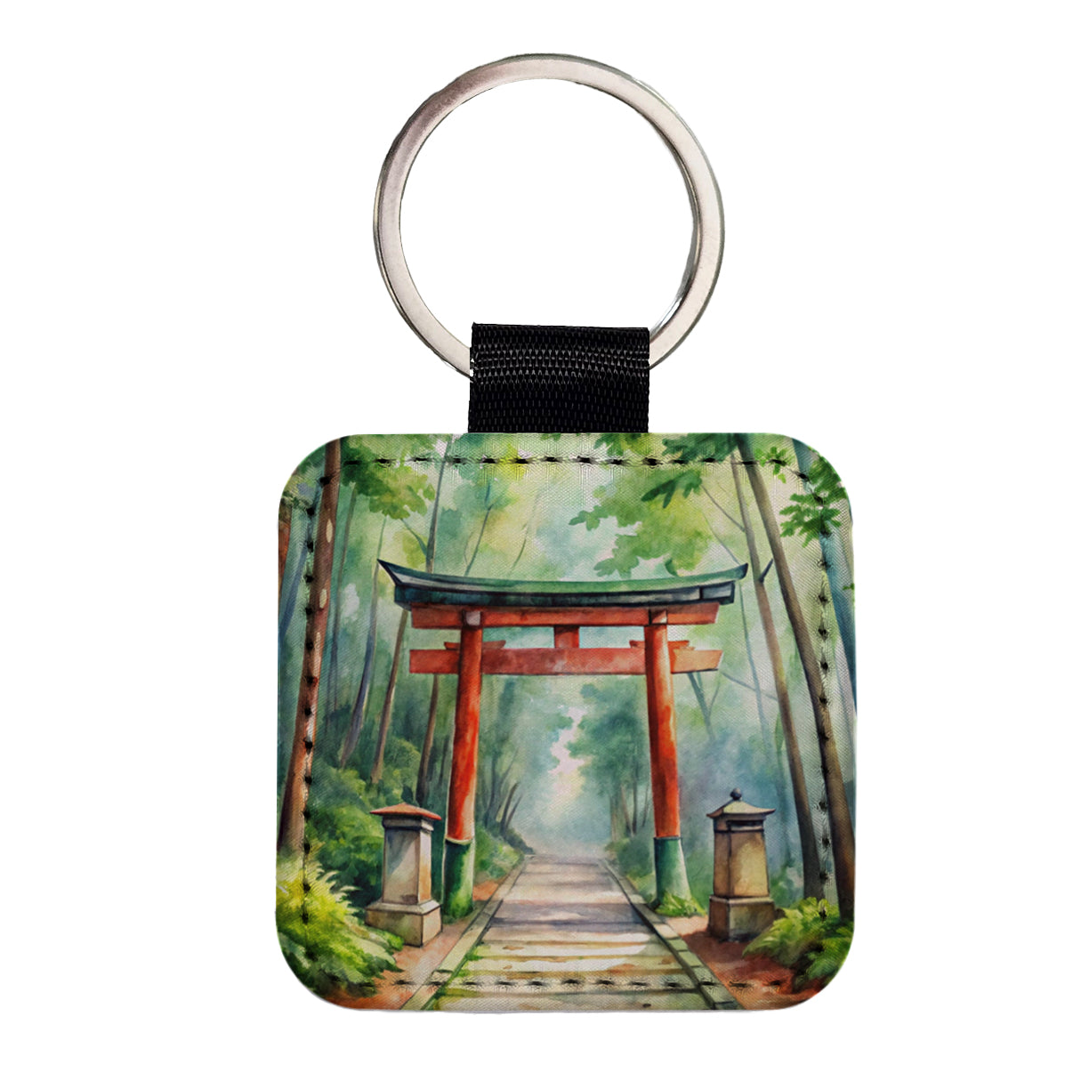 Torii Gate Leading To Forest Shrine Watercolor Square Faux Leather Keychain