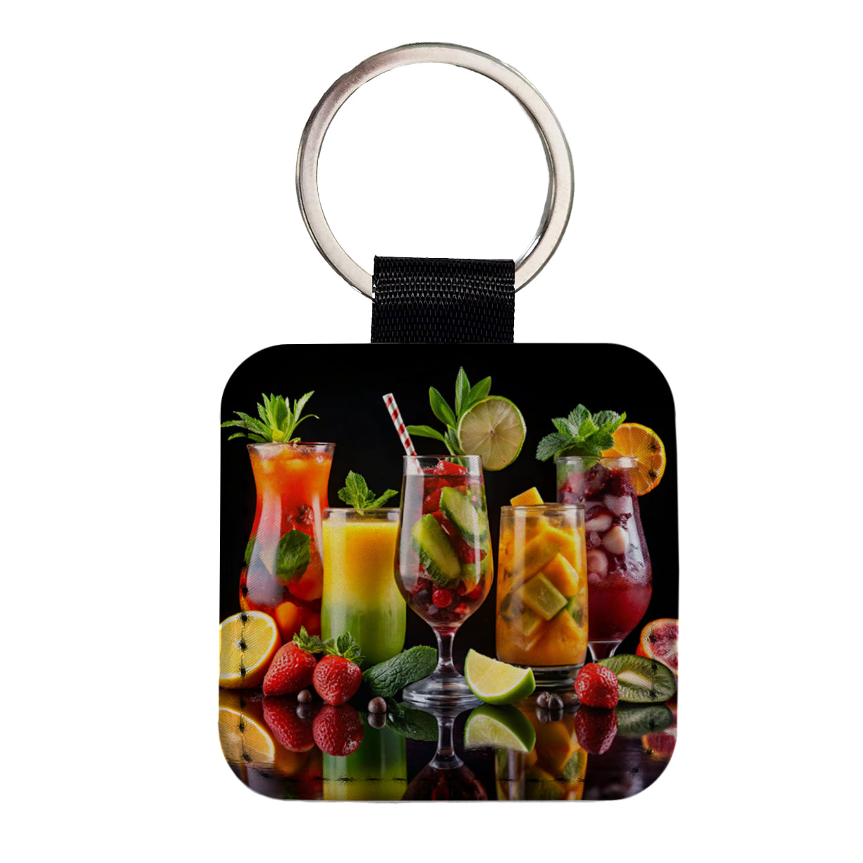 Tropical Fruity Drinks Square Faux Leather Keychain