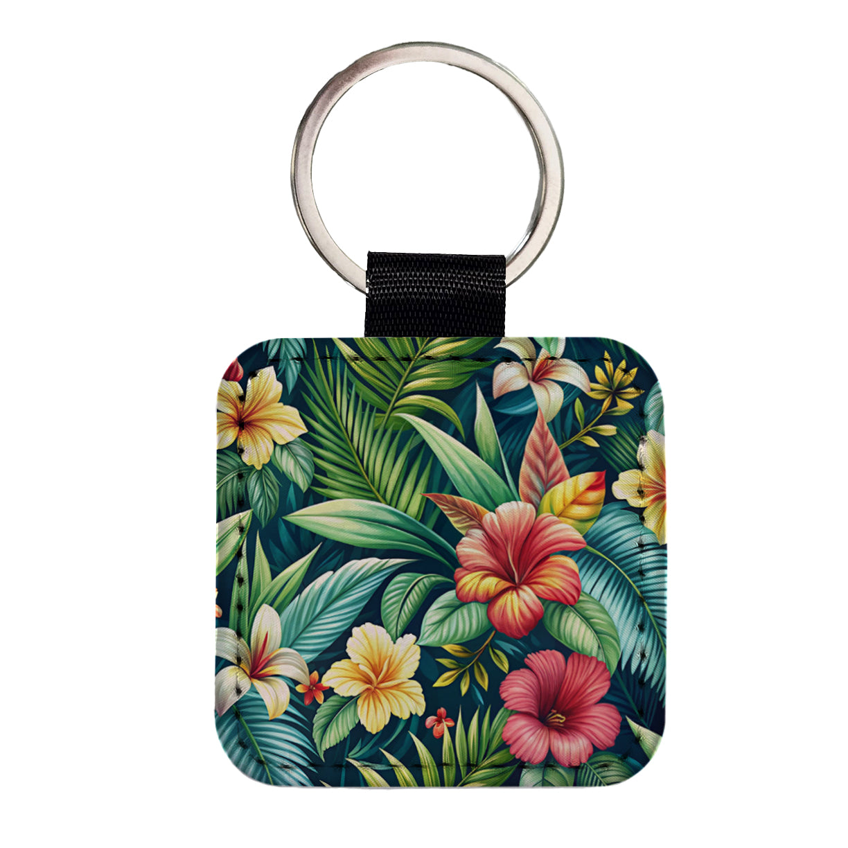 Tropical Hibiscus Pastel Floral Pattern Square Faux Leather Keychain