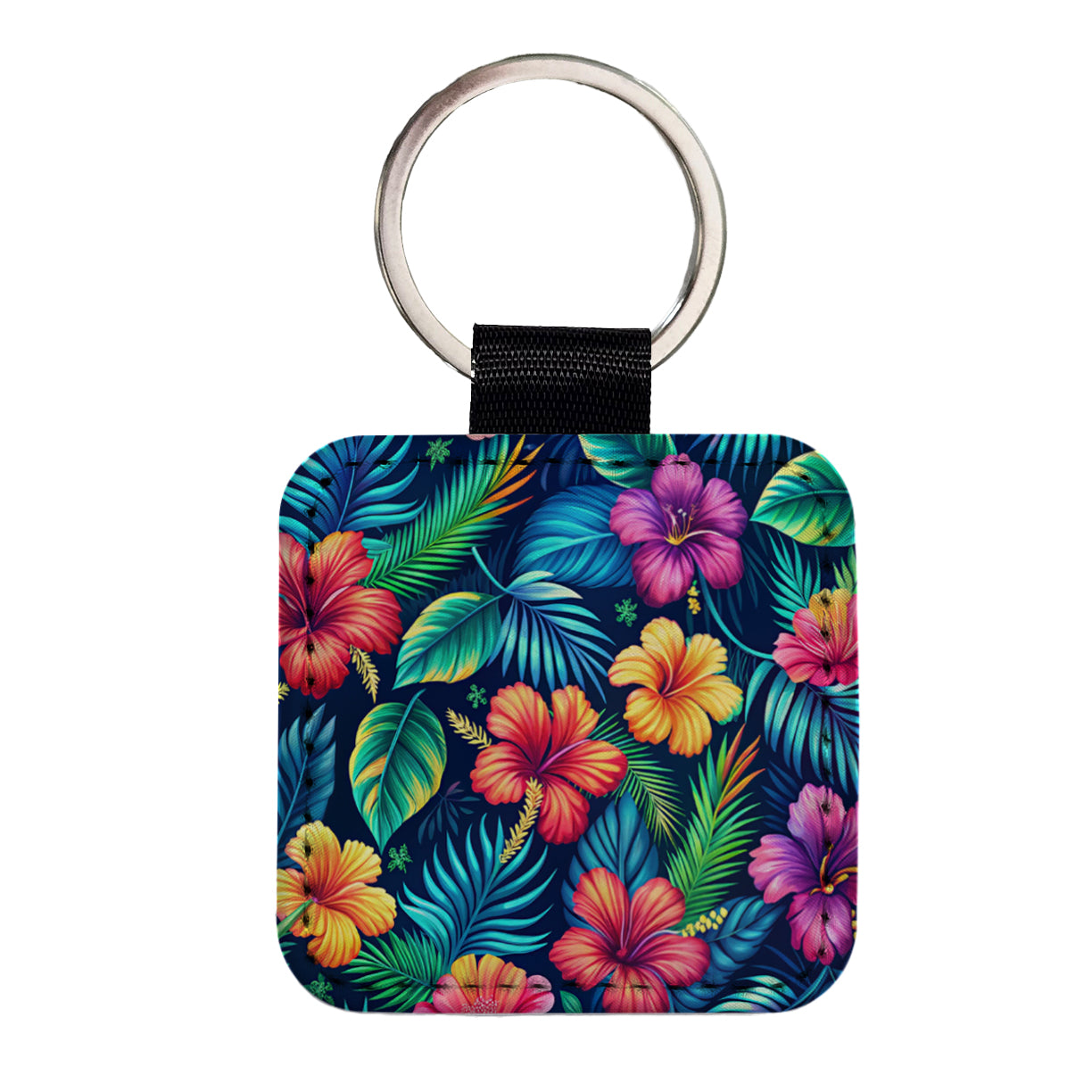 Tropical Neon Hibiscus Floral Pattern Square Faux Leather Keychain