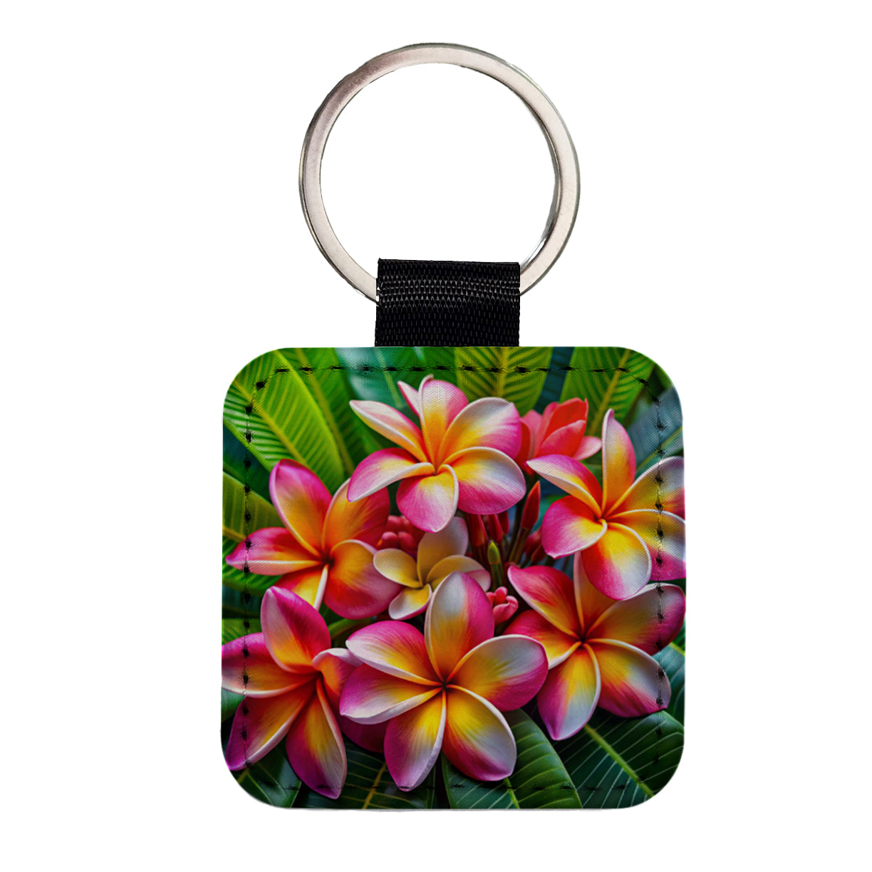 Tropical Pink Yellow Plumeria Flowers Square Faux Leather Keychain