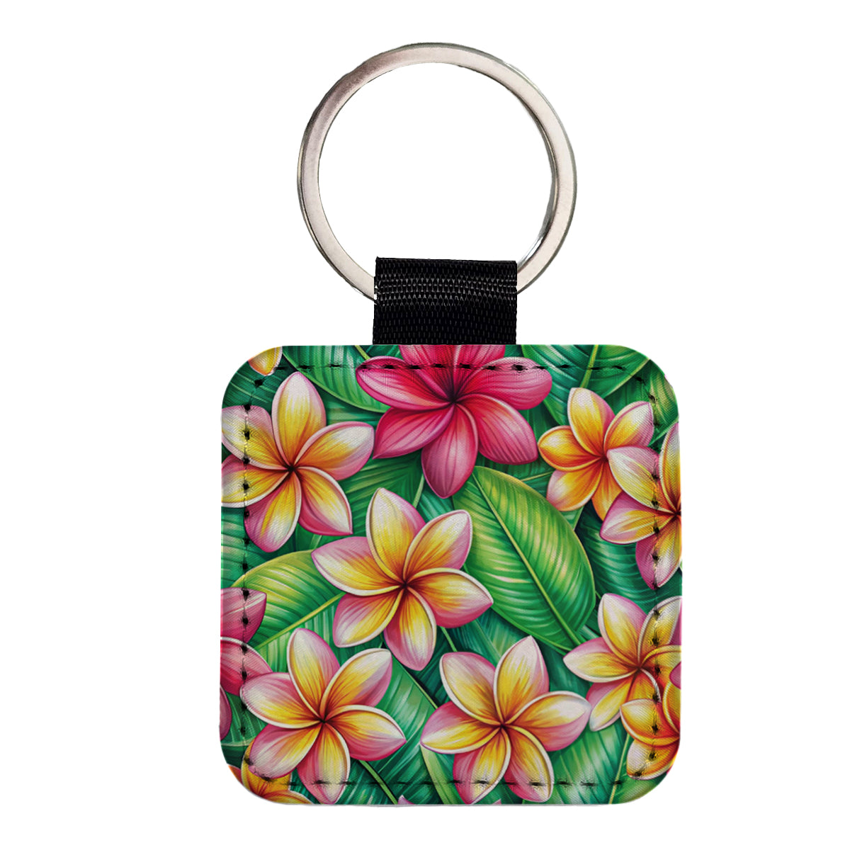 Tropical Plumeria Floral Pattern Square Faux Leather Keychain