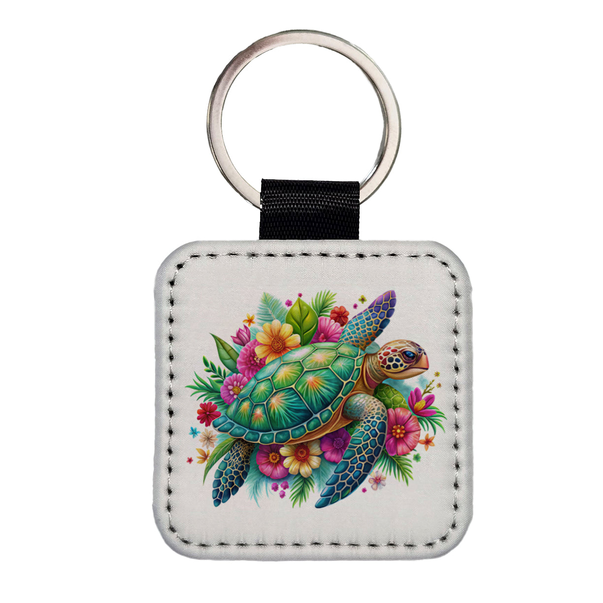 Tropical Sea Turtle Floral Design Square Faux Leather Keychain