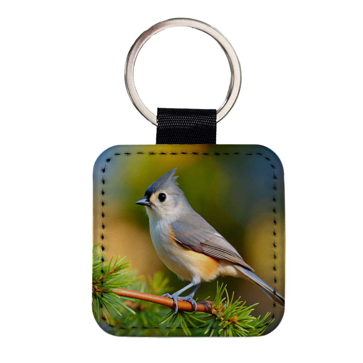 Tufted Titmouse Backyard Bird Square Faux Leather Keychain