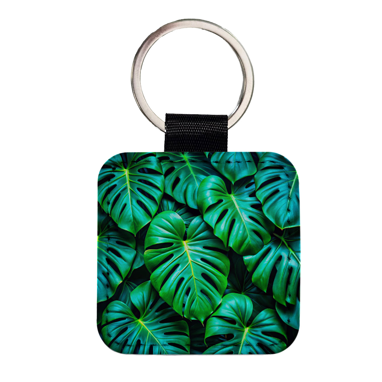 Vibrant Neon Green Monstera Leaves Square Faux Leather Keychain