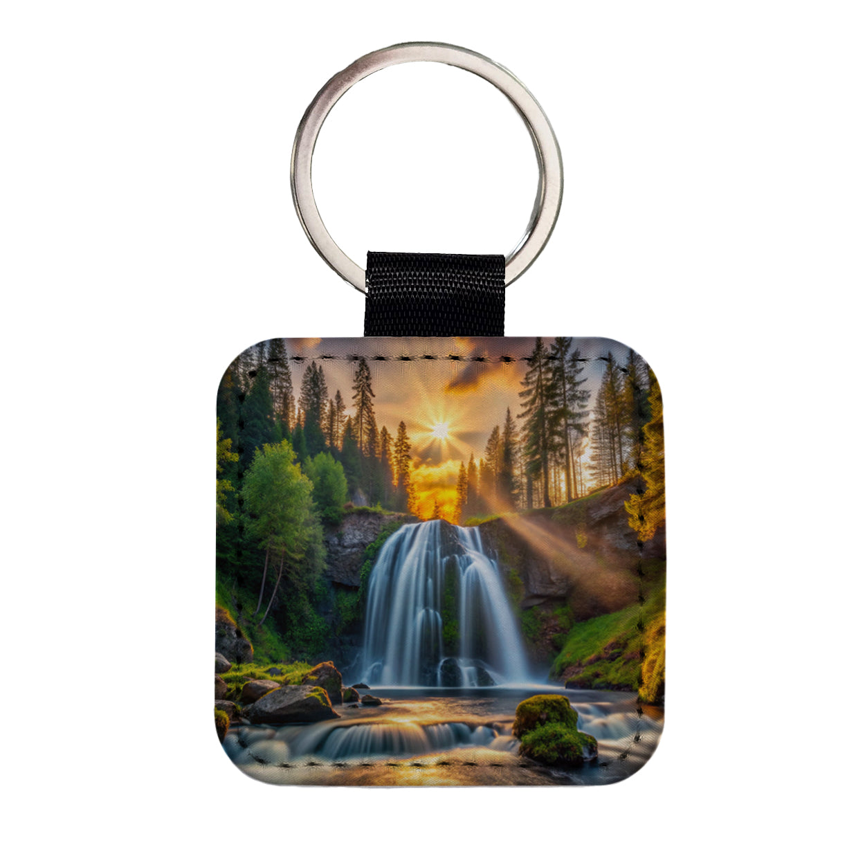 Waterfall In The Forest At Sunset Square Faux Leather Keychain