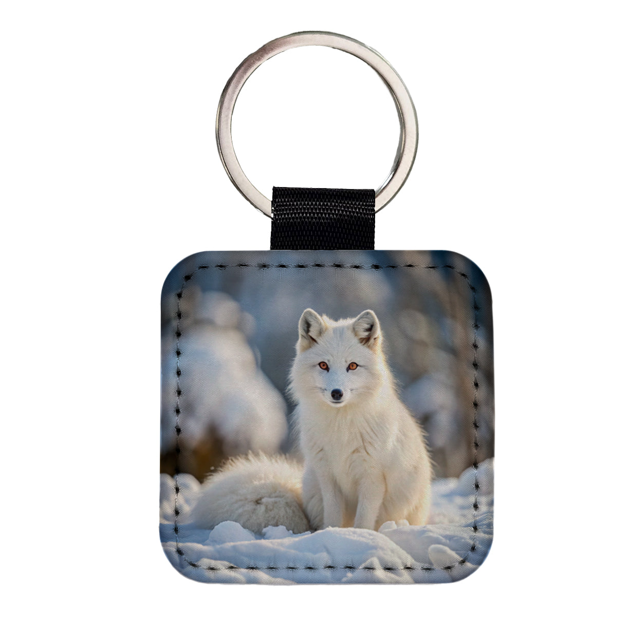 White Arctic Fox In The Snow Square Faux Leather Keychain