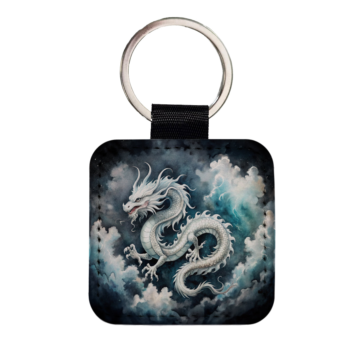 White Asian Dragon On Black Watercolor Square Faux Leather Keychain