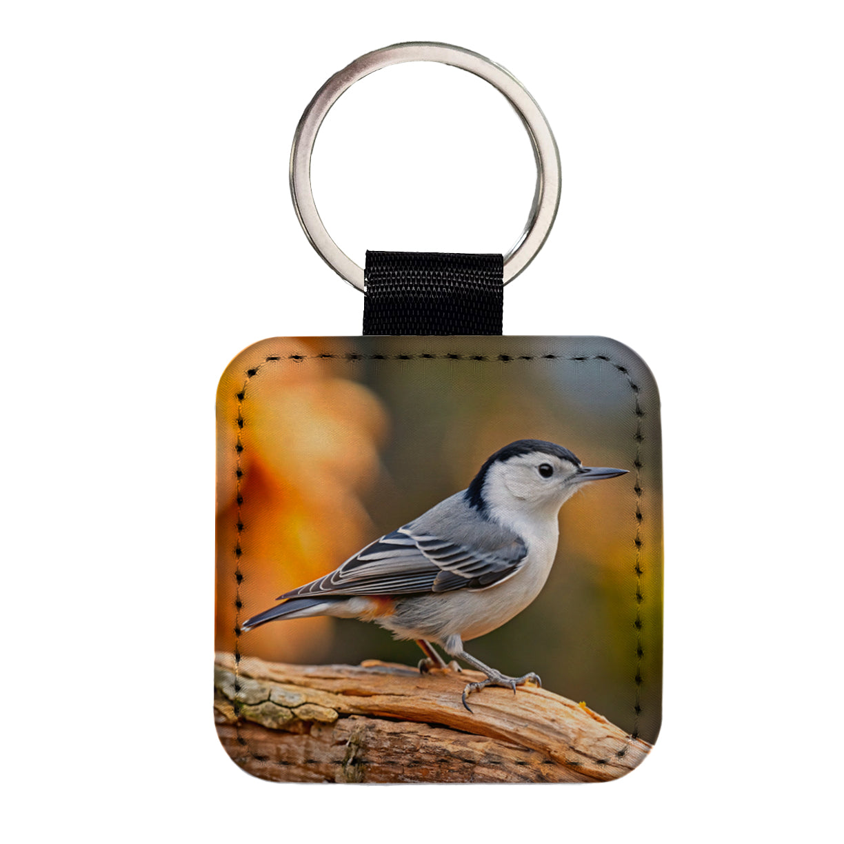 White Breasted Nuthatch Backyard Bird Square Faux Leather Keychain