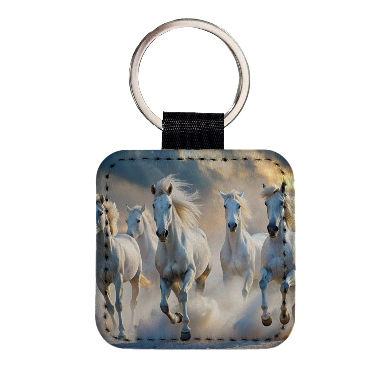 White Horses Galloping Square Faux Leather Keychain