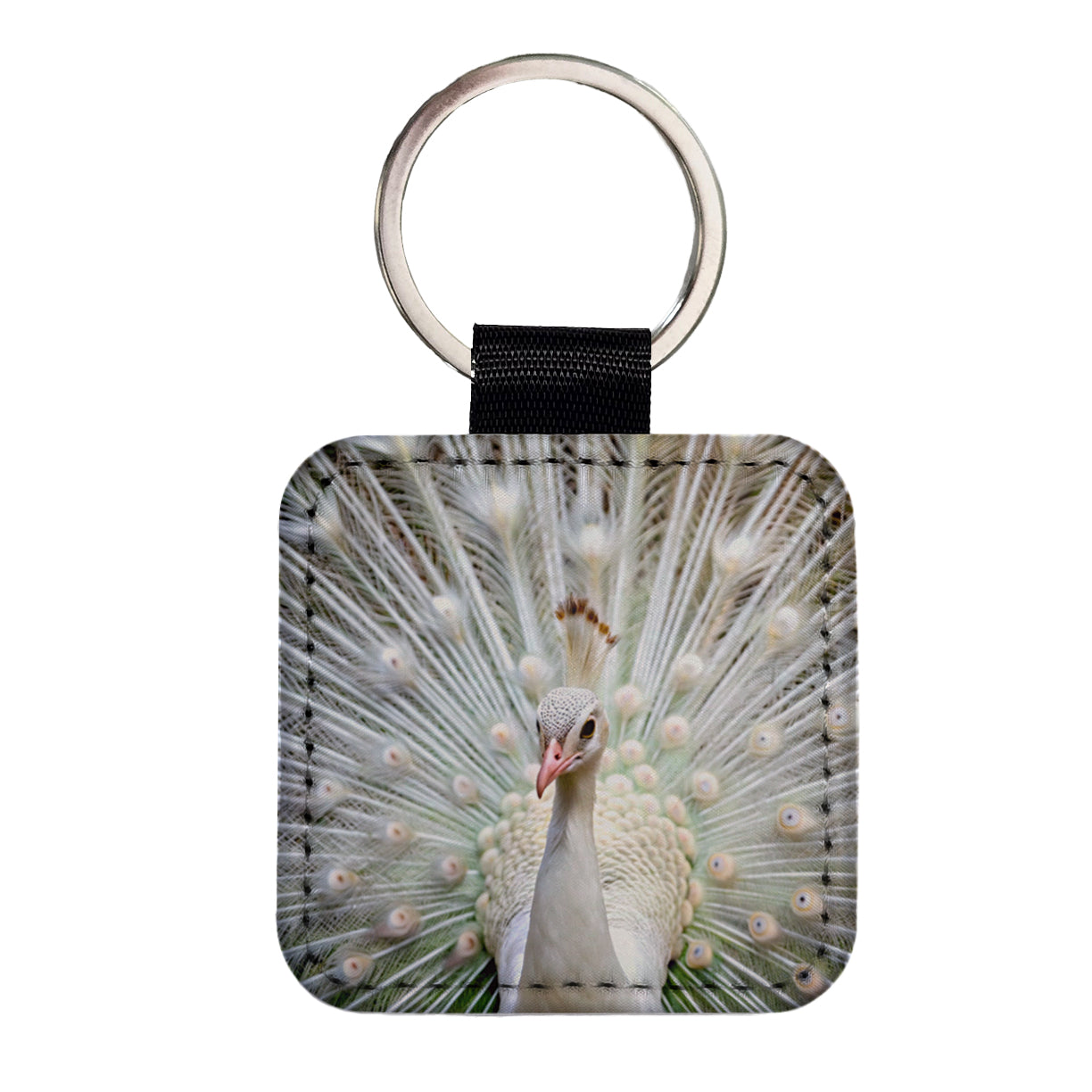 White Peacock Square Faux Leather Keychain