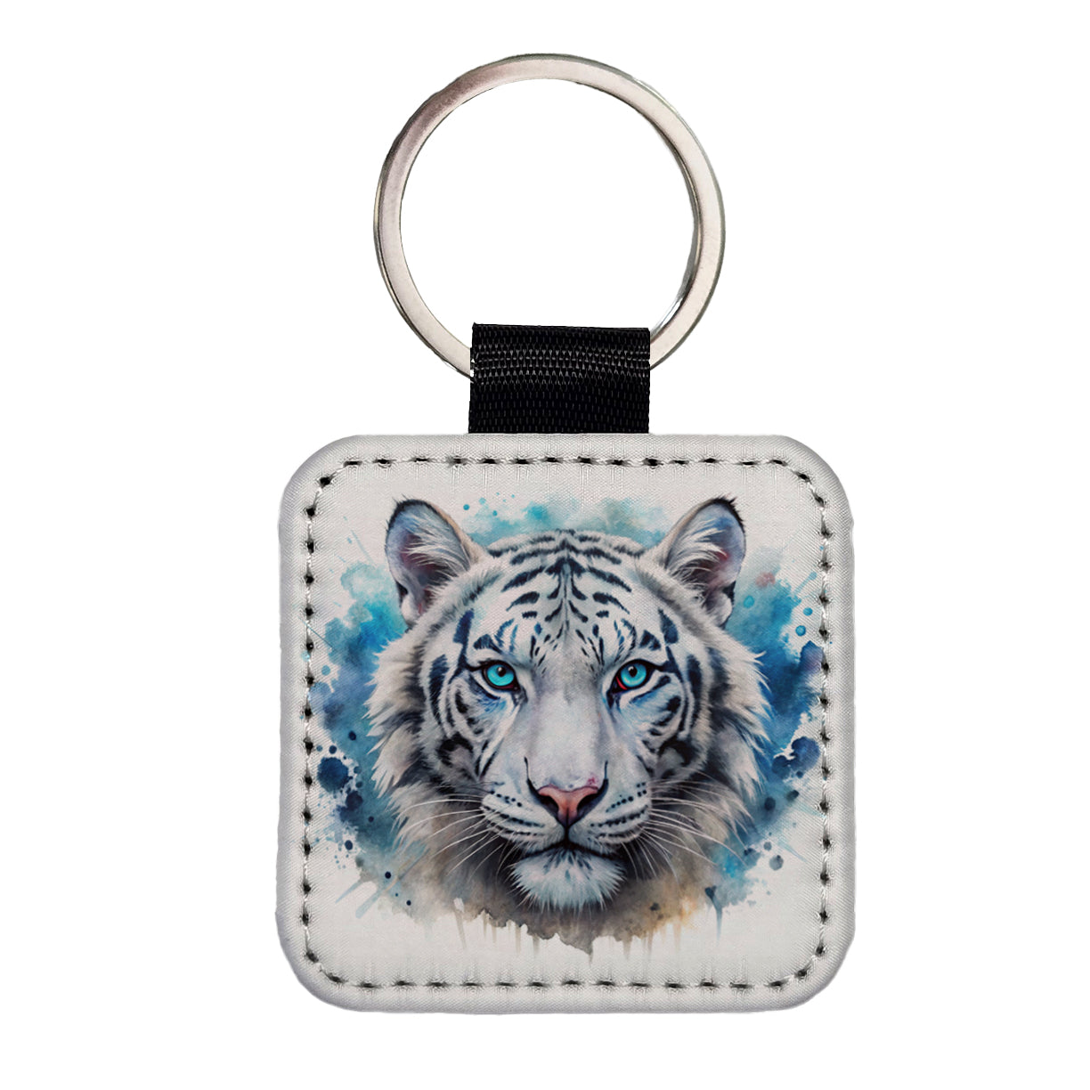 White Tiger Face Watercolor Square Faux Leather Keychain
