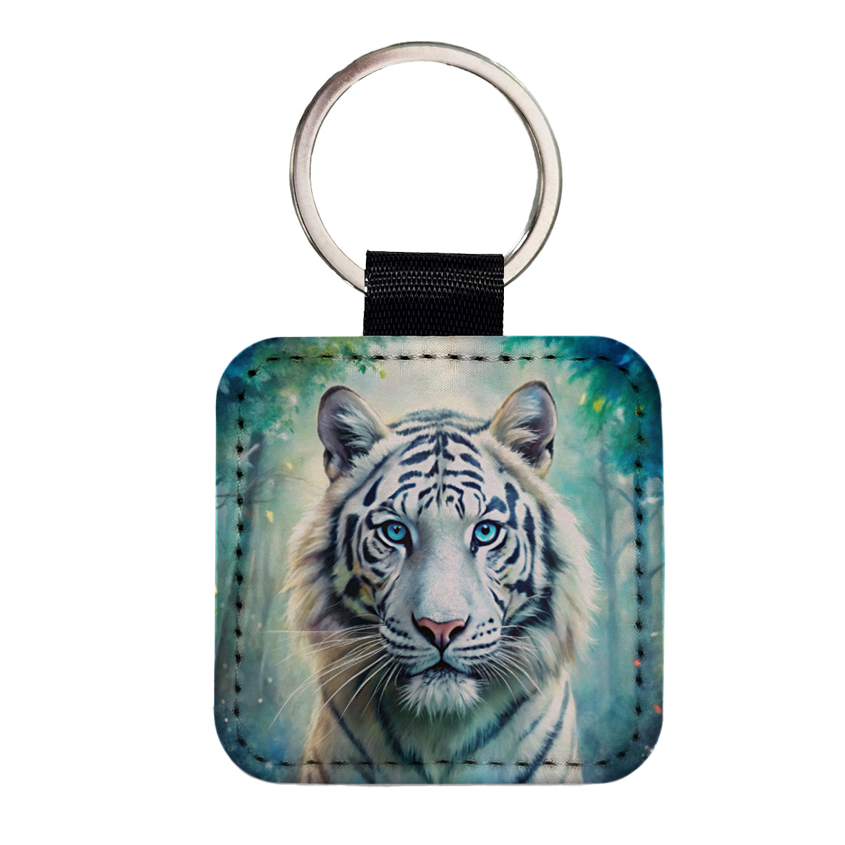White Tiger In Forest Watercolor Square Faux Leather Keychain