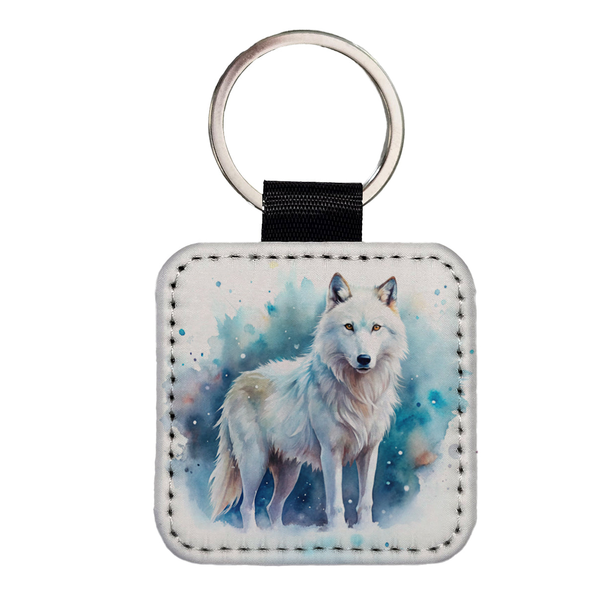 White Wolf Watercolor Square Faux Leather Keychain