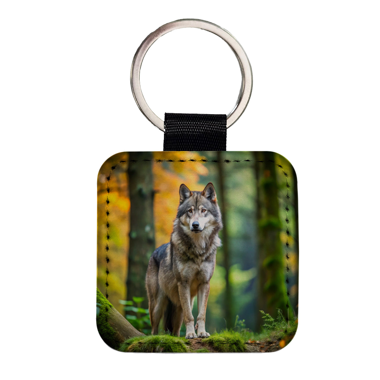 Wolf In The Forest Square Faux Leather Keychain