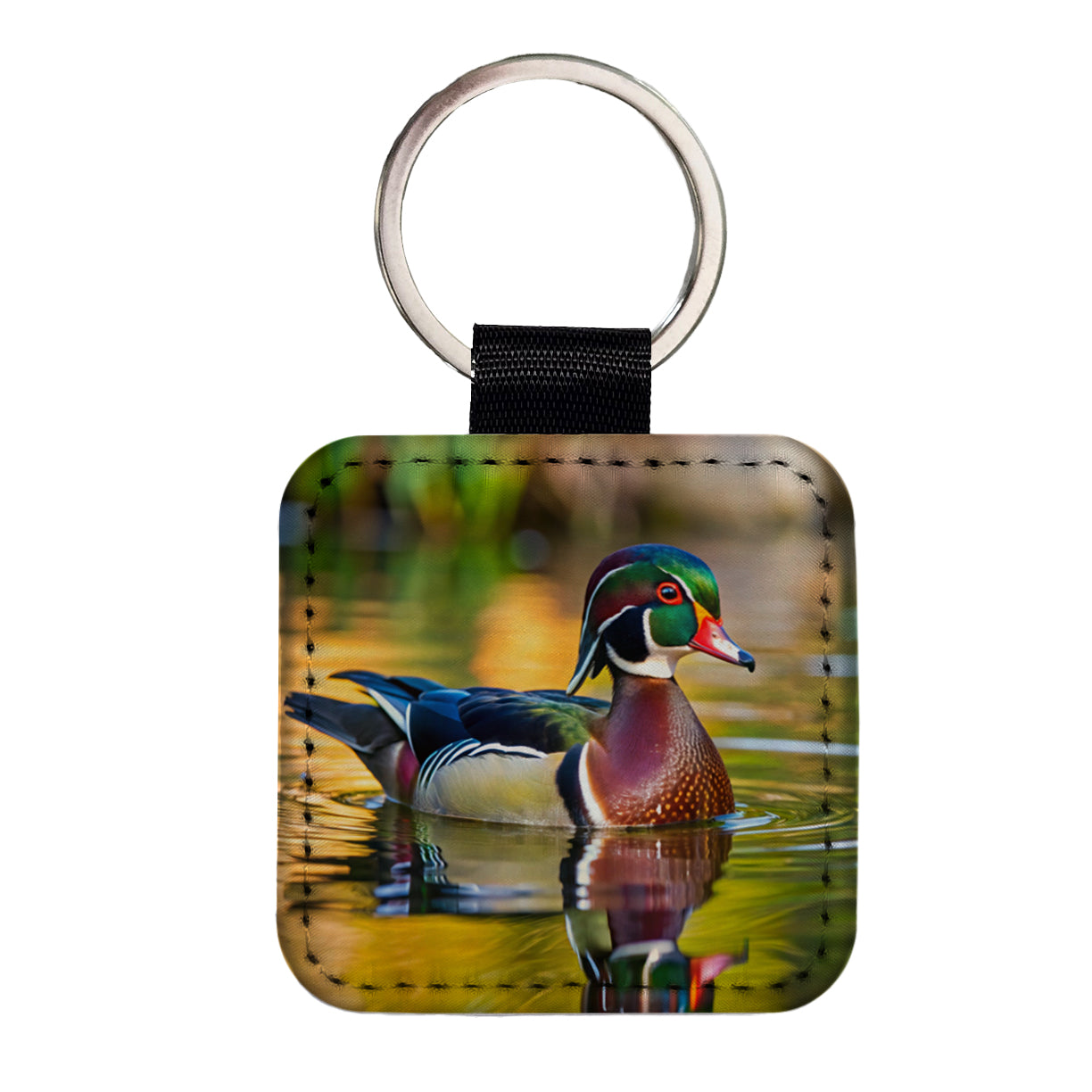 Wood Duck Square Faux Leather Keychain