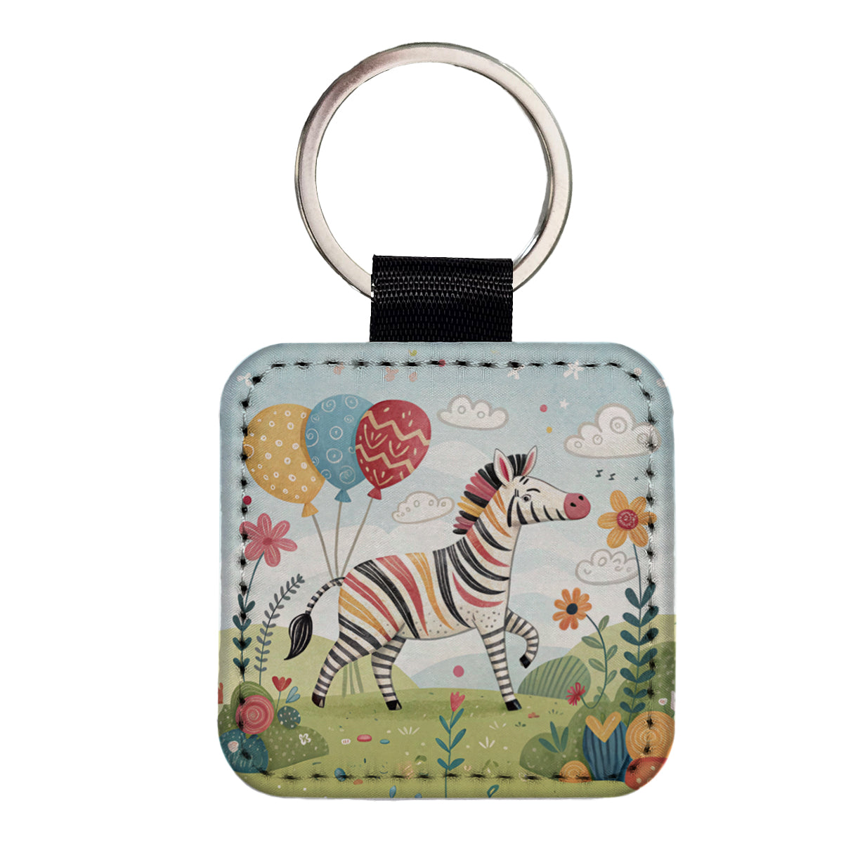 Zebra Children's Illustration Style Square Faux Leather Keychain