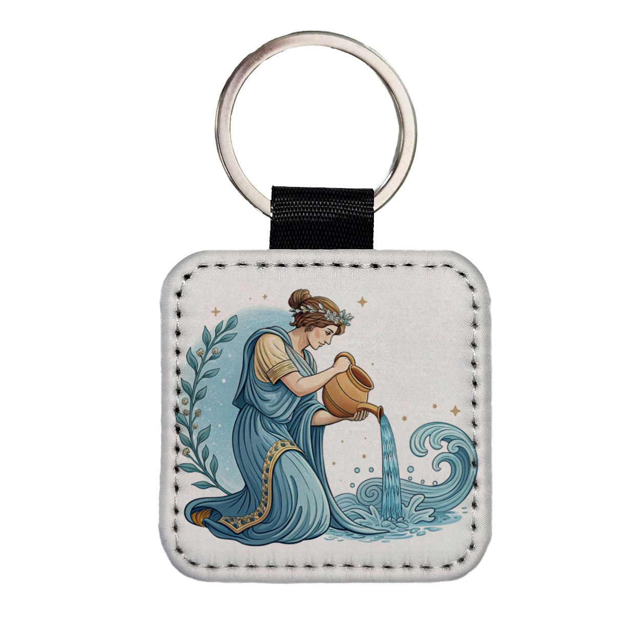 Zodiac Horoscope Symbol Aquarius Water Bearer Square Faux Leather Keychain