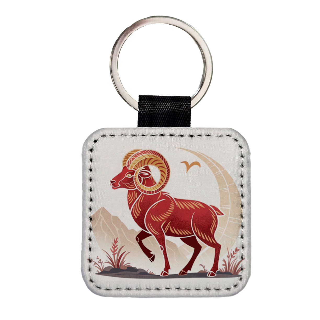 Zodiac Horoscope Symbol Aries Ram Square Faux Leather Keychain
