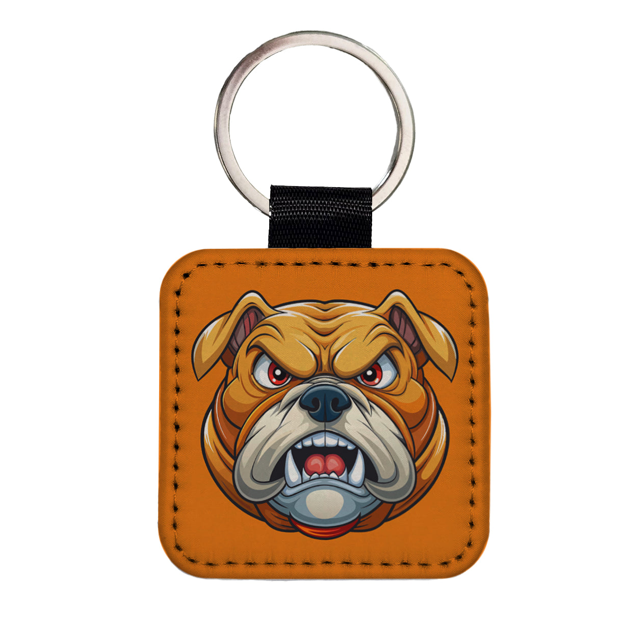 Angry Bulldog Face School Mascot Cartoon Square Faux Leather Keychain