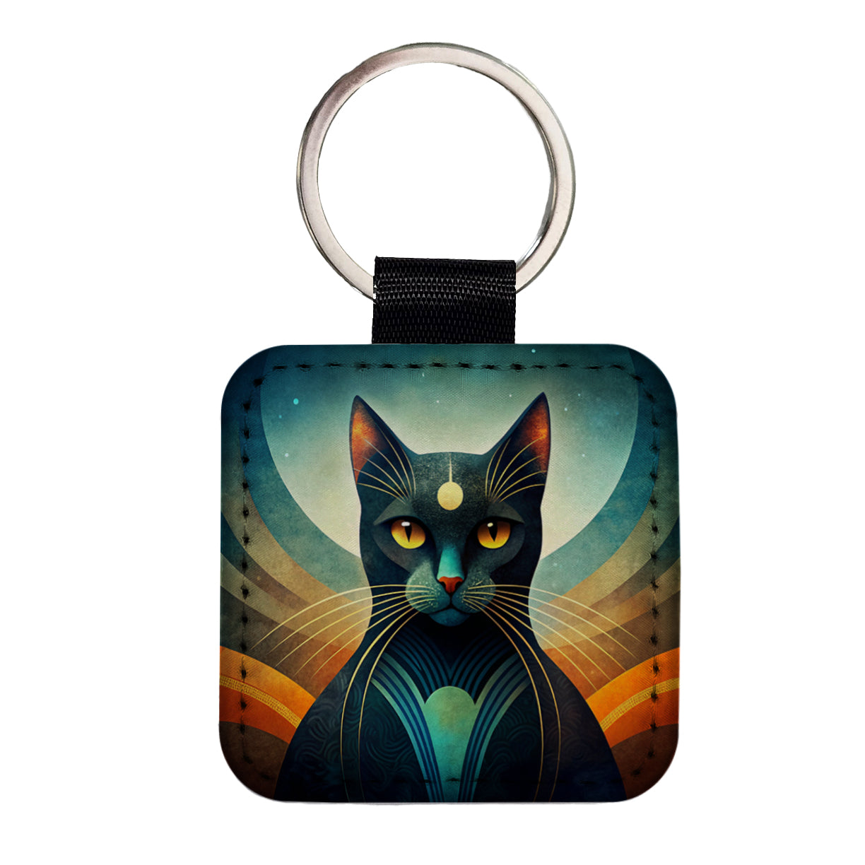 Black Cat Abstract Stylized Art Square Faux Leather Keychain