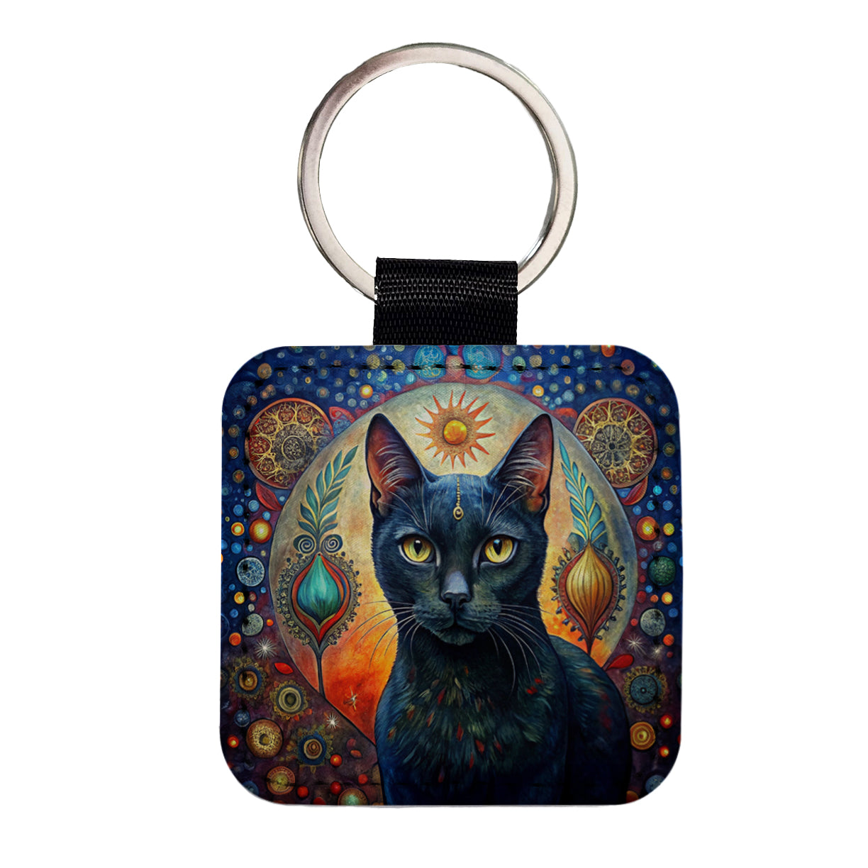 Black Cat Bohemian Art Square Faux Leather Keychain