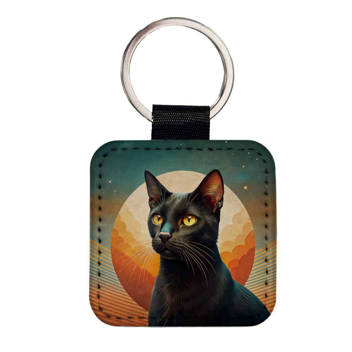 Black Cat Contemporary Art Square Faux Leather Keychain