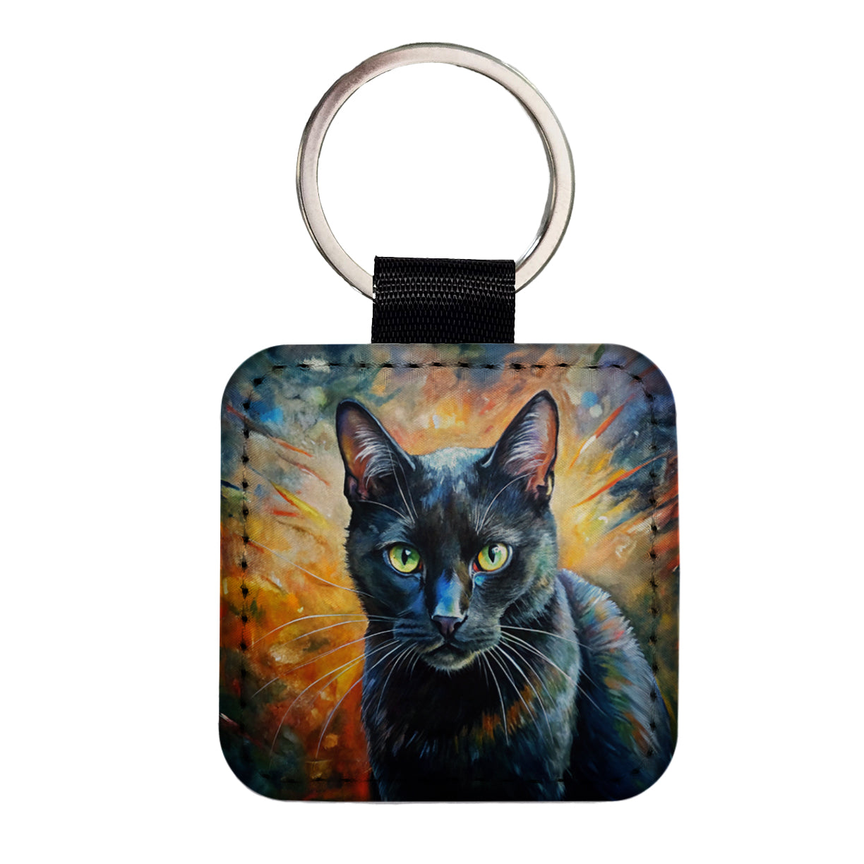 Black Cat Expressionism Art Square Faux Leather Keychain