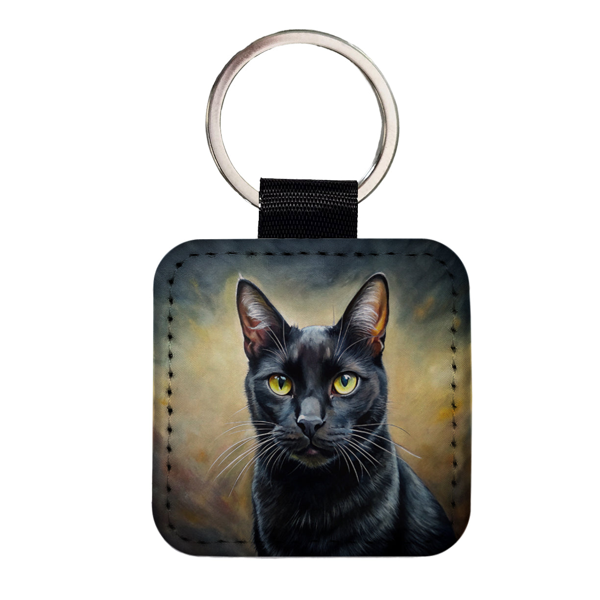 Black Cat Illustration Square Faux Leather Keychain