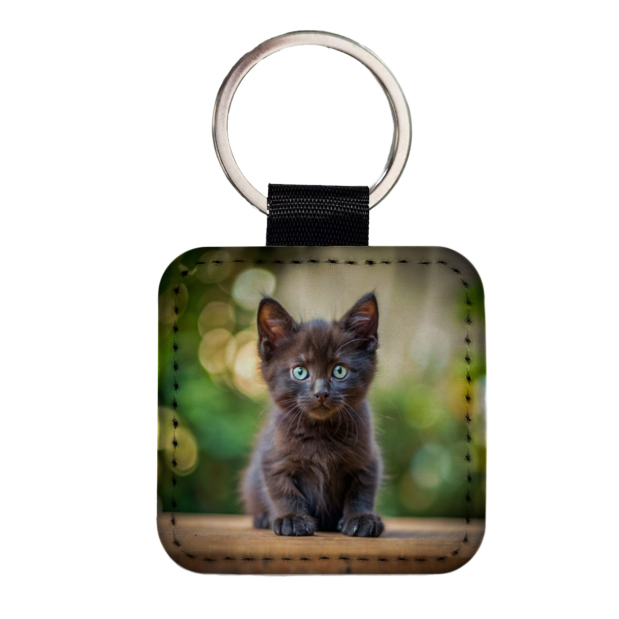 Black Cat Kitten Photo Square Faux Leather Keychain