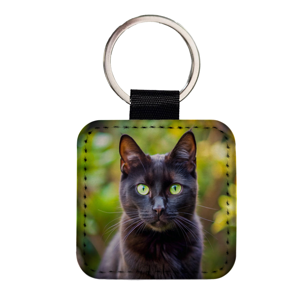 Black Cat Photo Square Faux Leather Keychain