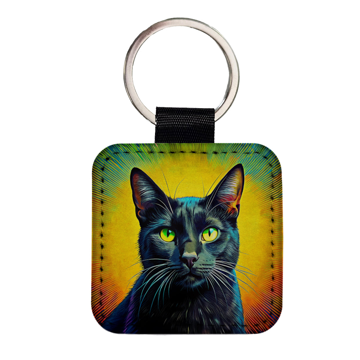 Black Cat Pop Art Square Faux Leather Keychain