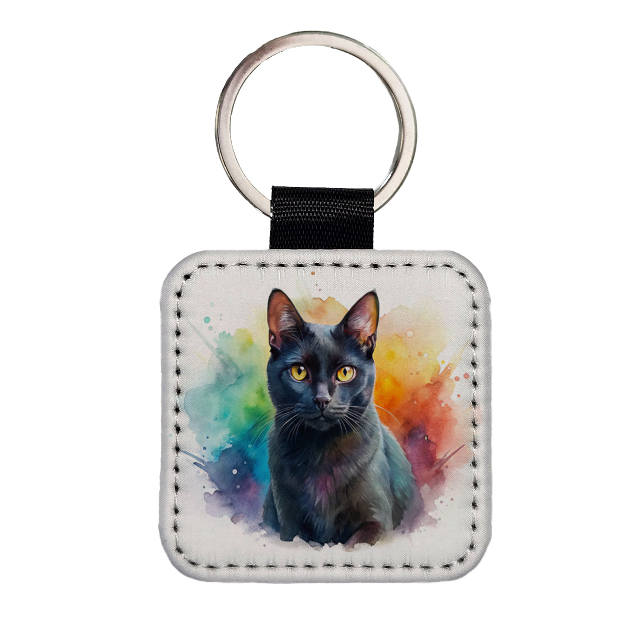 Black Cat Watercolor Style Square Faux Leather Keychain