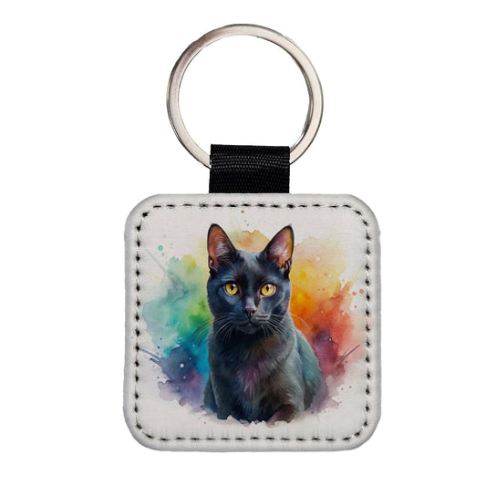 Black Cat Watercolor Style Square Faux Leather Keychain