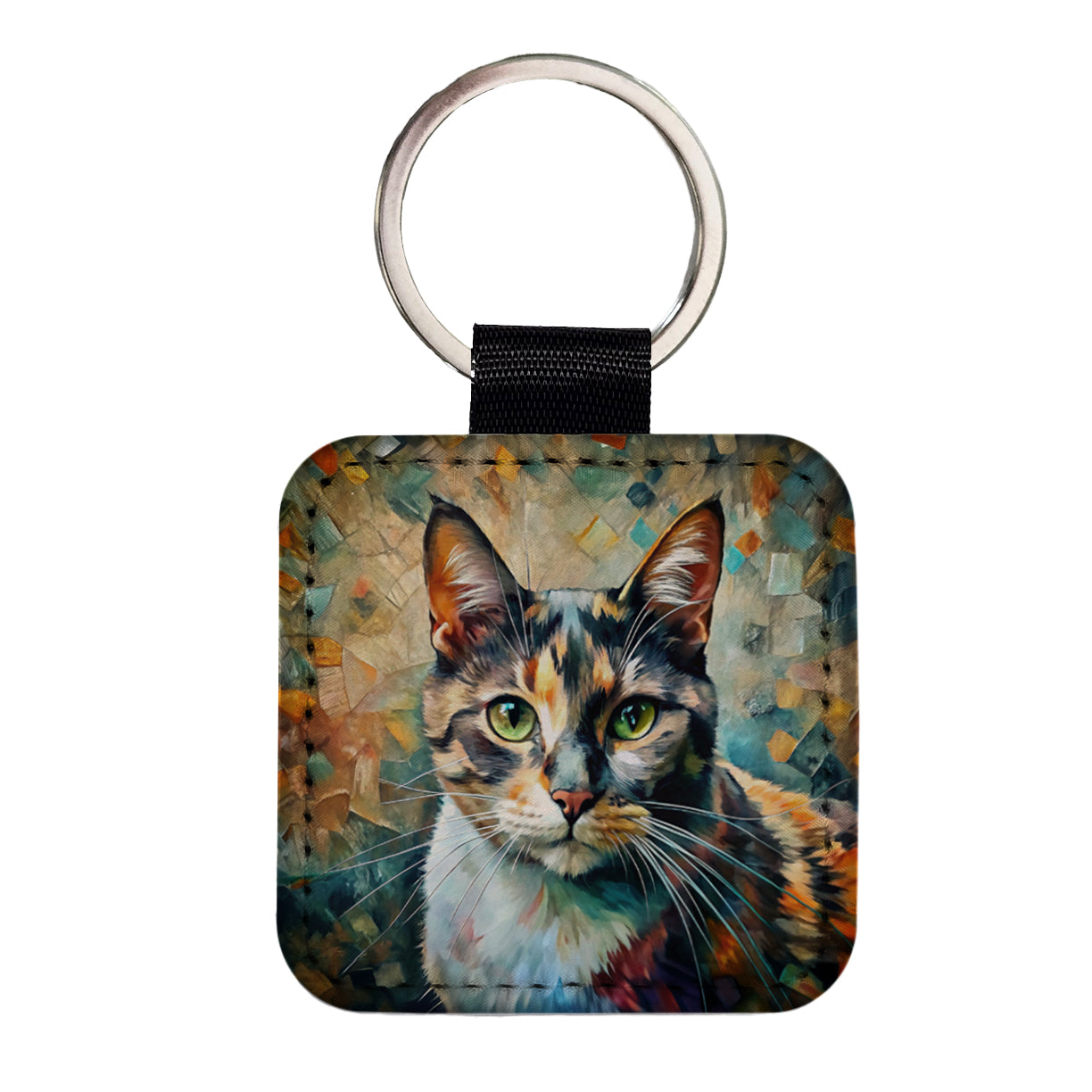 Calico Cat Abstract Art Square Faux Leather Keychain