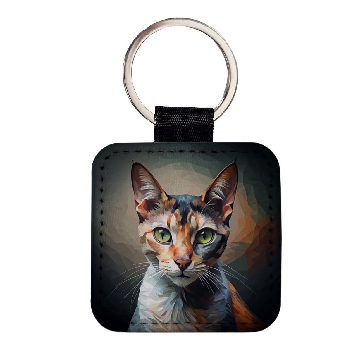 Calico Cat Abstract Stylized Art Square Faux Leather Keychain