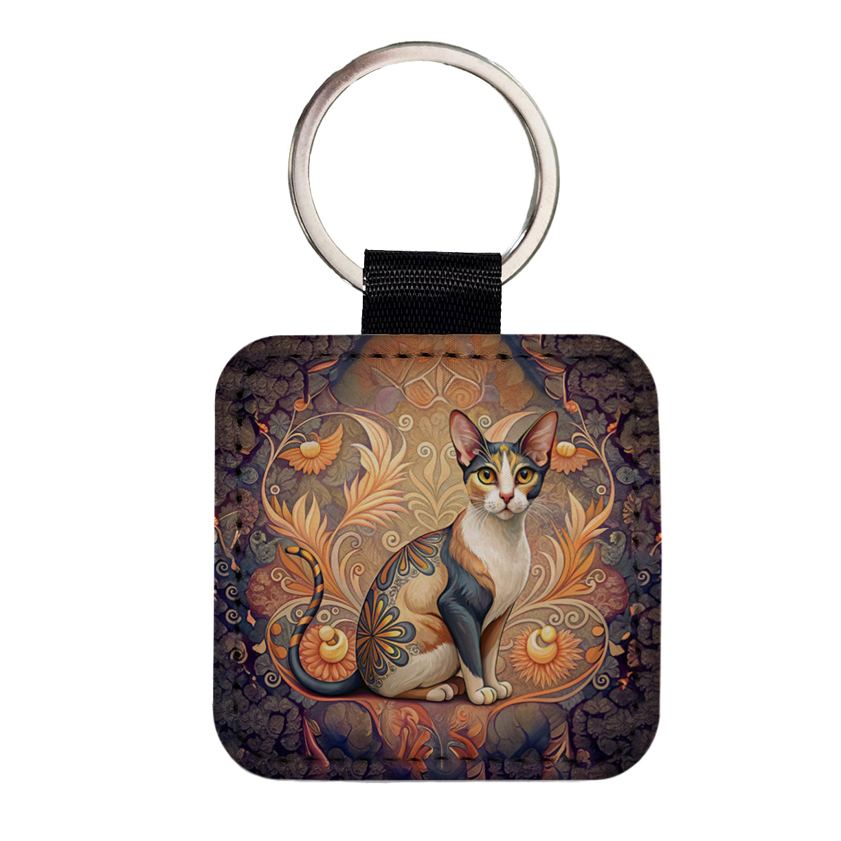Calico Cat Art Nouveau Square Faux Leather Keychain