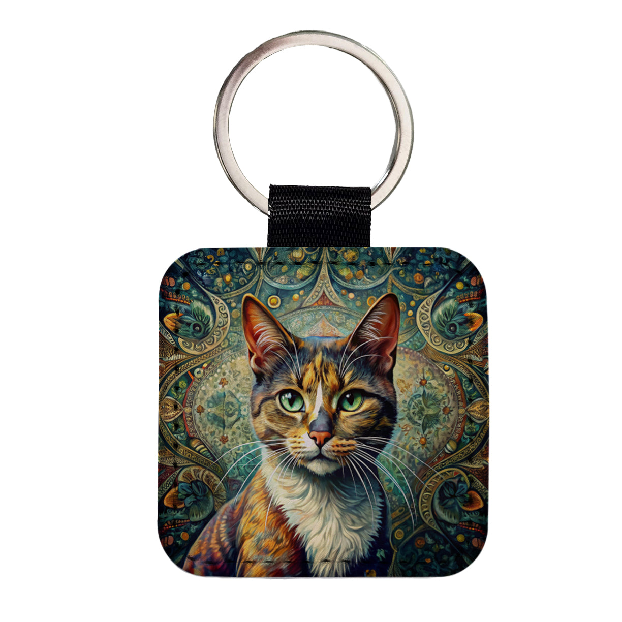 Calico Cat Bohemian Art Square Faux Leather Keychain