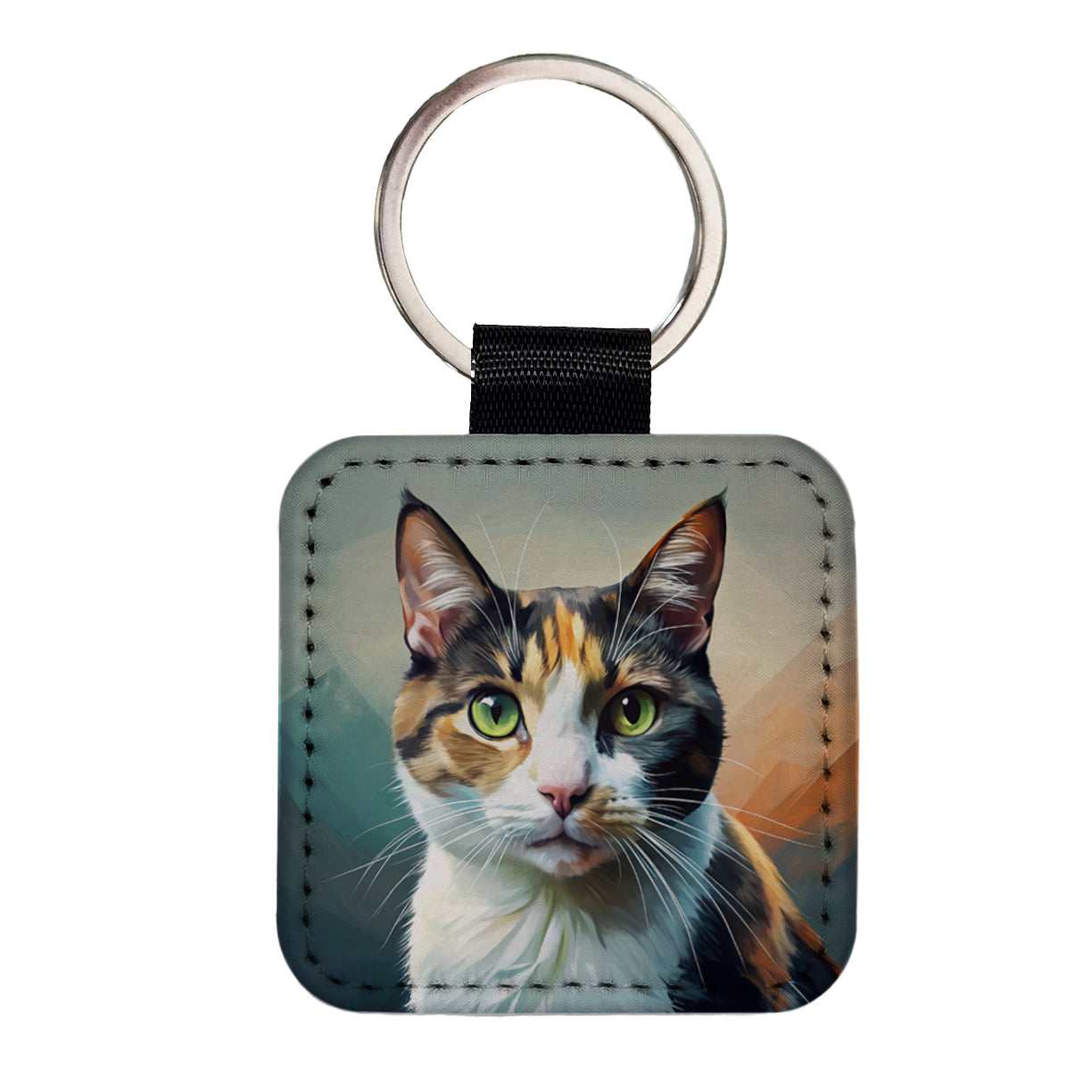 Calico Cat Contemporary Art Square Faux Leather Keychain
