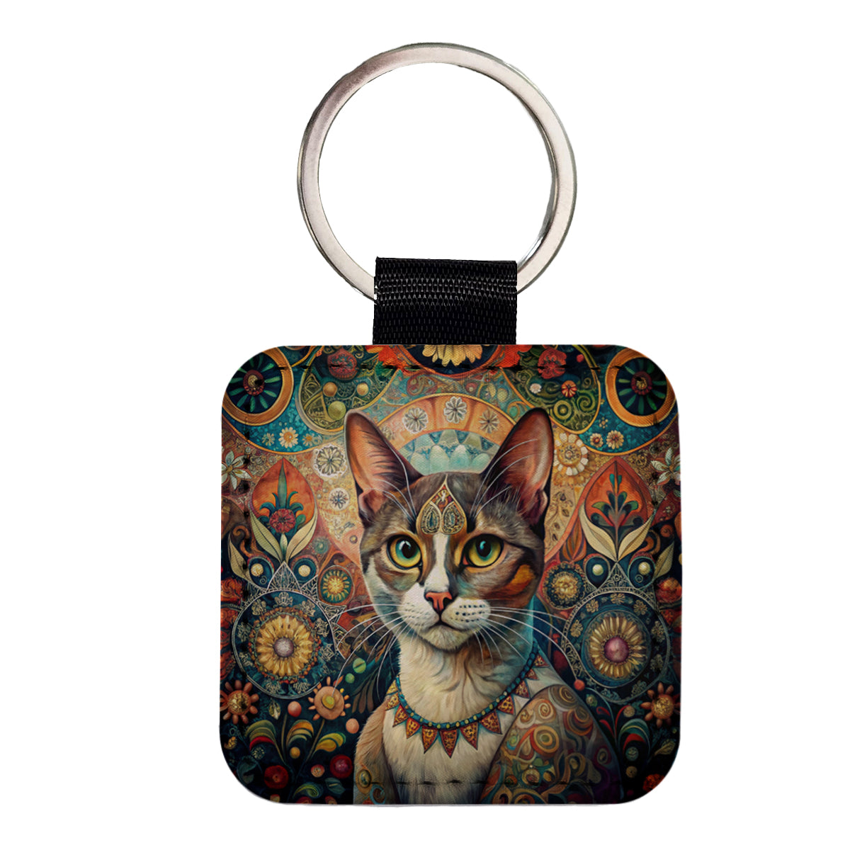 Calico Cat French Bohemian Art Square Faux Leather Keychain