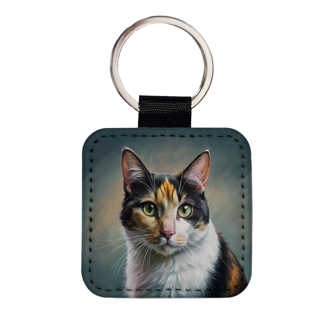 Calico Cat Illustration Square Faux Leather Keychain