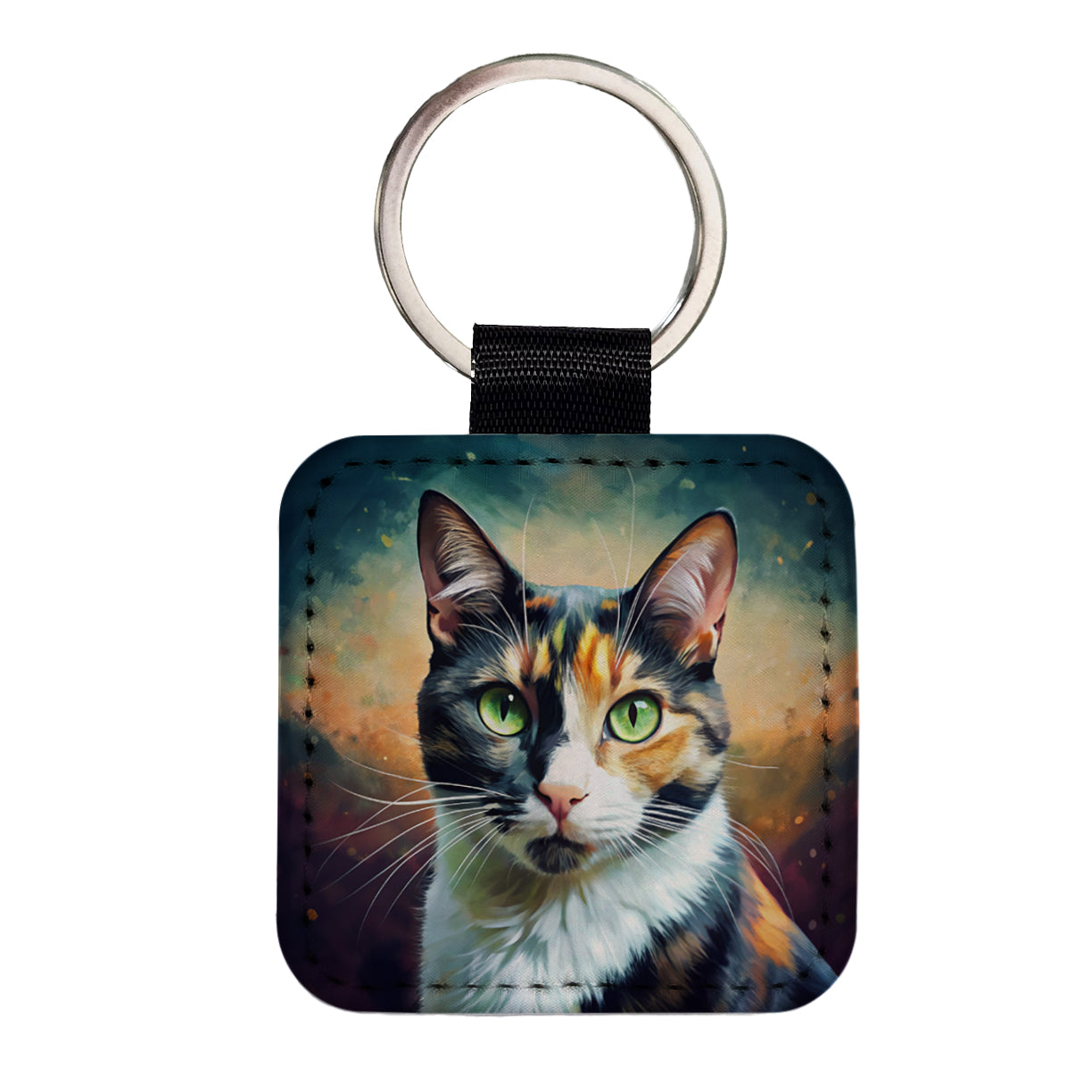 Calico Cat Pop Art Square Faux Leather Keychain