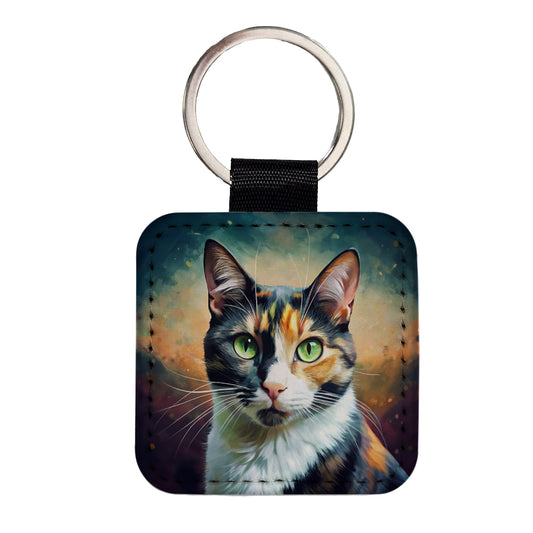 Calico Cat Pop Art Square Faux Leather Keychain