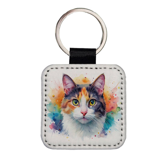 Calico Cat Watercolor Style Square Faux Leather Keychain