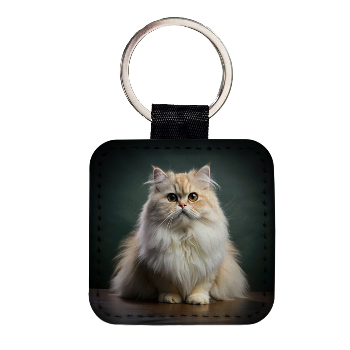 Persian Cat Photo Square Faux Leather Keychain