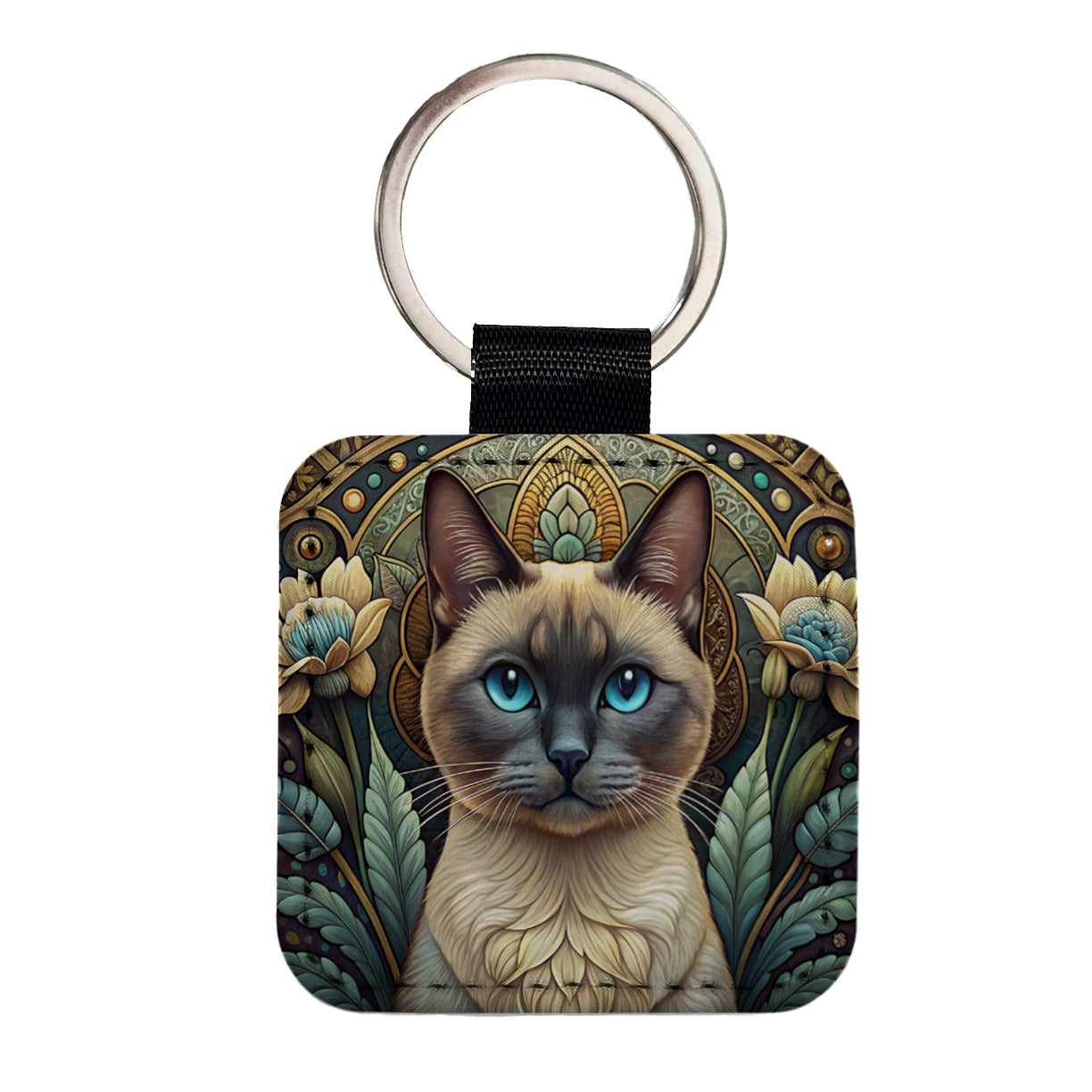 Siamese Cat Art Nouveau Square Faux Leather Keychain